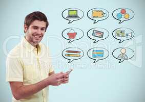 Man with phone and chat bubbles of business graphics drawings