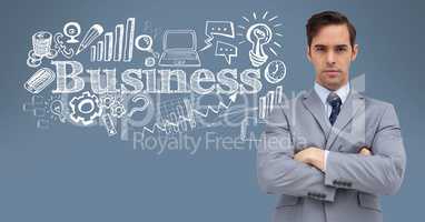 Businessman with business drawings graphics and text