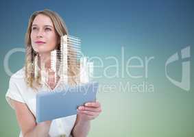 Woman with tablet and white building graphic against blue green background