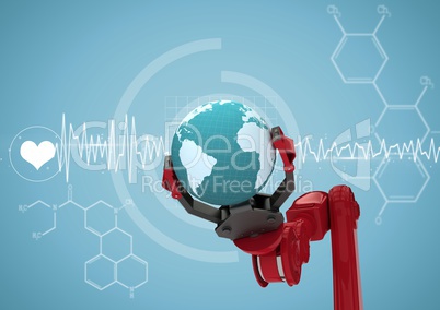 Red robot claw with globe against white medical interface and blue background