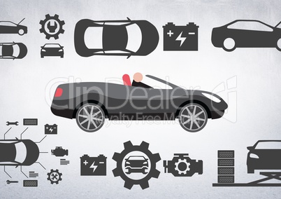 Man in car illustration against white background with car mechanic icons