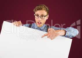 Nerd with large blank card against maroon background