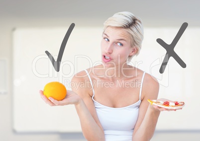 Woman choosing or deciding food with open palm with tick and X right or wrong