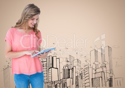 Woman with tablet against building sketch and cream background