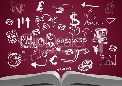 Open book with white business doodles and maroon background