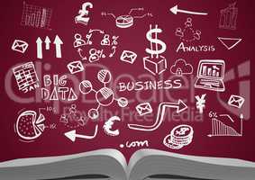 Open book with white business doodles and maroon background