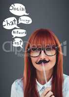 Woman with funny mustache and social media chat bubbles