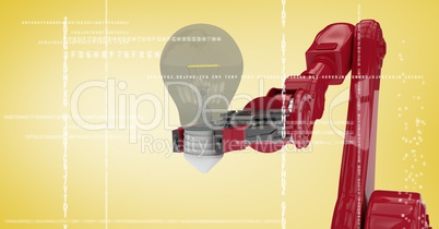 Red robot claw with light bulb behind white interface against yellow background