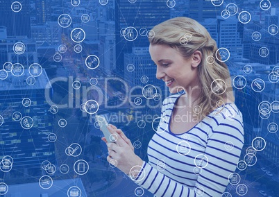Woman on phone against Night city with connectors