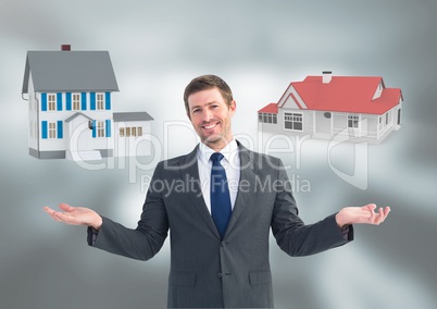 Man choosing or deciding houses with open palm hands