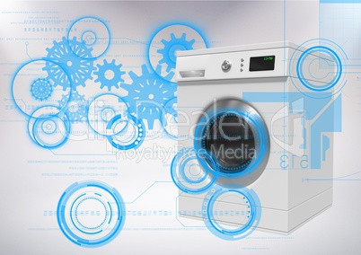 Washing machine against grey background with technology interface