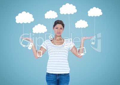 Woman deciding or choosing tehcnology laptops phones tablets hanging from clouds with open palms han