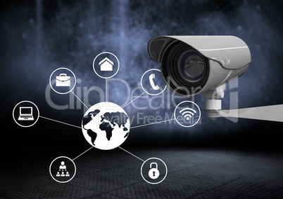 Security camera against dark background with world business icons