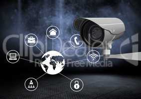 Security camera against dark background with world business icons