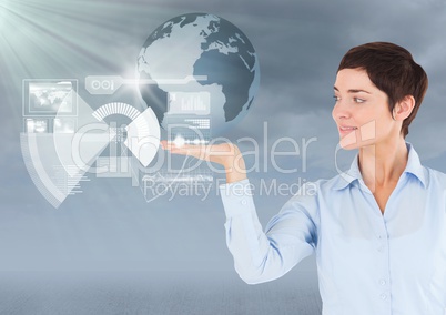 Woman with open palm hand under world earth globe interface