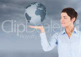 Woman with open palm hand under world earth globe