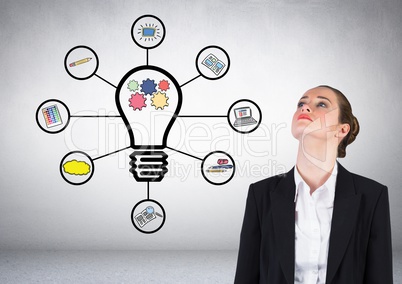 Businesswoman with bulb ideas business graphic drawings