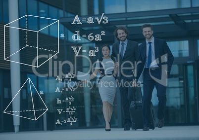 Business people with dark blue overlay and white math graphics