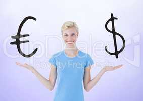 Woman choosing or deciding with open palms hands euro or dollar currency icons