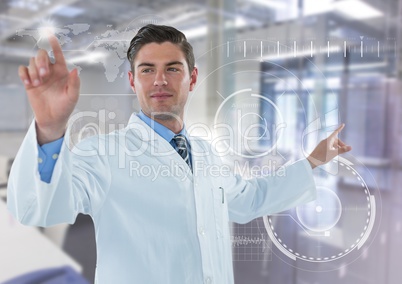 Man in lab coat pointing with flare against white interface and blurry lab