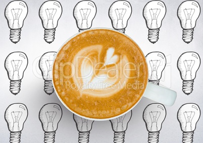Coffee cup against white background with lightbulbs