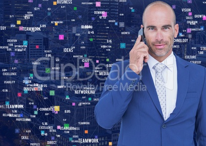 Man on phone against Night city with connectors