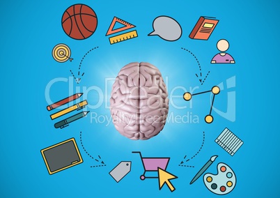 Pink brain with education graphics against blue background