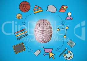 Pink brain with education graphics against blue background
