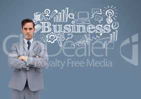 Businessman with business drawings graphics and text