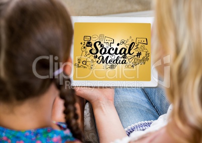 Mother and daughter with tablet showing black social media doodles against yellow background and fla