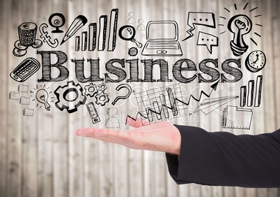 Business man hand and black business doodles against blurry wood panel