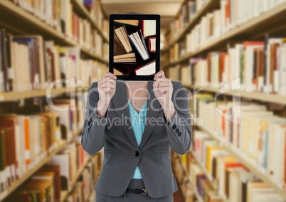 Business woman with tablet showing standing books against blurry bookshelves with yellow overlay