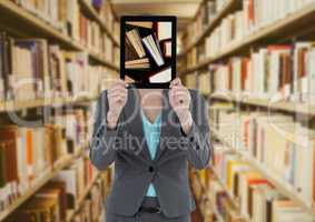 Business woman with tablet showing standing books against blurry bookshelves with yellow overlay