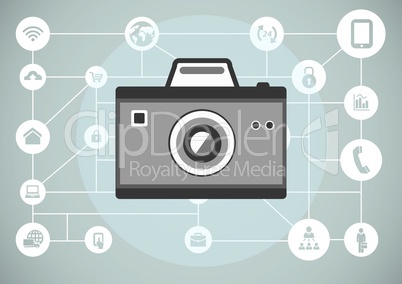 grey camera illustration icon with circular business icons