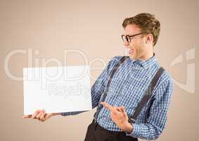 Nerd pointing at blank card against cream background