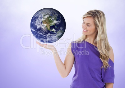 Woman with open palm hand under world earth