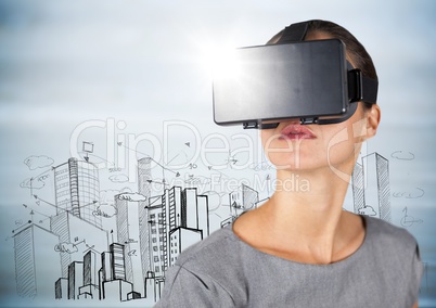 Woman in VR with flare against buildings sketch and grey wood panel