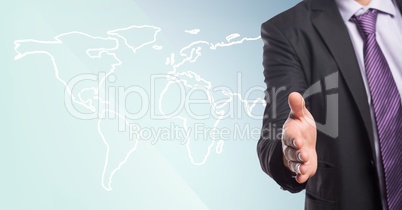Business man with outstretched hand against white map and blue background