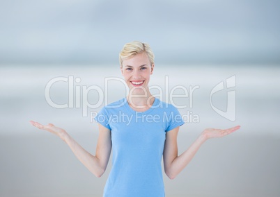 Woman choosing or deciding with open palm hands