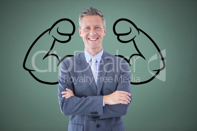 confident business man  against grey background with drawing of  flexing muscles