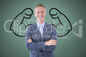 confident business man  against grey background with drawing of  flexing muscles