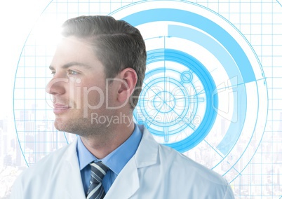 Man in lab coat with flare against blue interface and white skyline