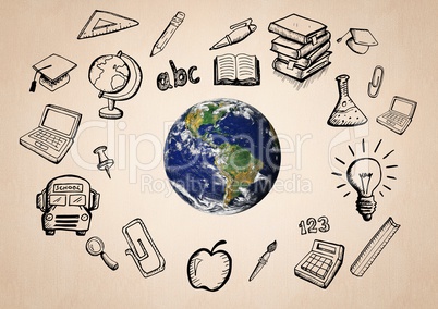 World with educatoin icon drawings agaisnt beige background