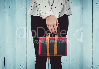 Woman's legs with handbag against blue wood panel