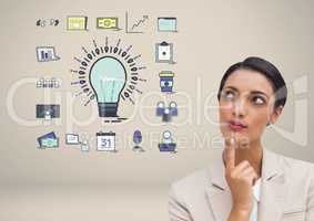 Businesswoman with idea with bulb and business graphic drawings