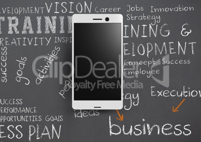 Phone against grey background with chalk written business training words