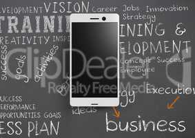 Phone against grey background with chalk written business training words