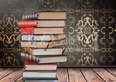 Books stacked by decorative wallpaper antique