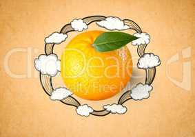 lemon against orange background with Cloud drawings