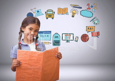 Young girl with book and education graphic drawings